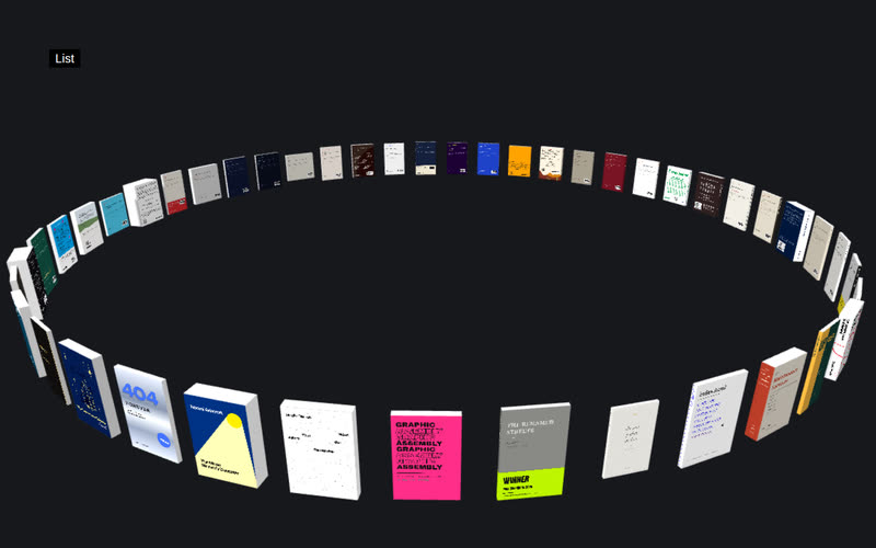 Three-dimensional book covers orbiting on a pale ground