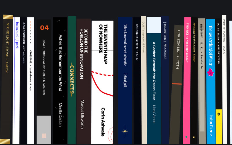 Book spines tumbling after being thrown across a shelf