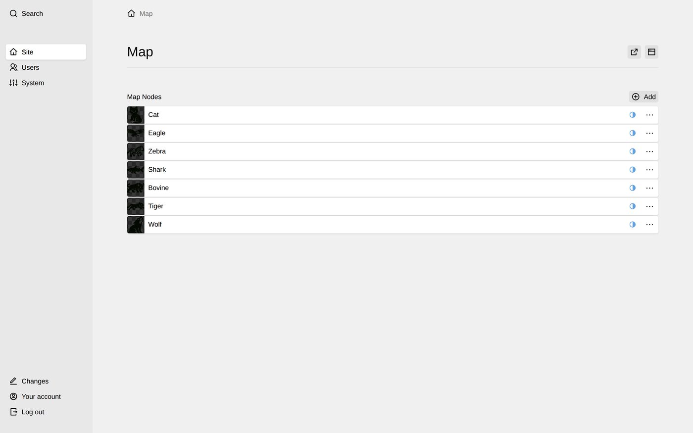 The Panel screen listing every node